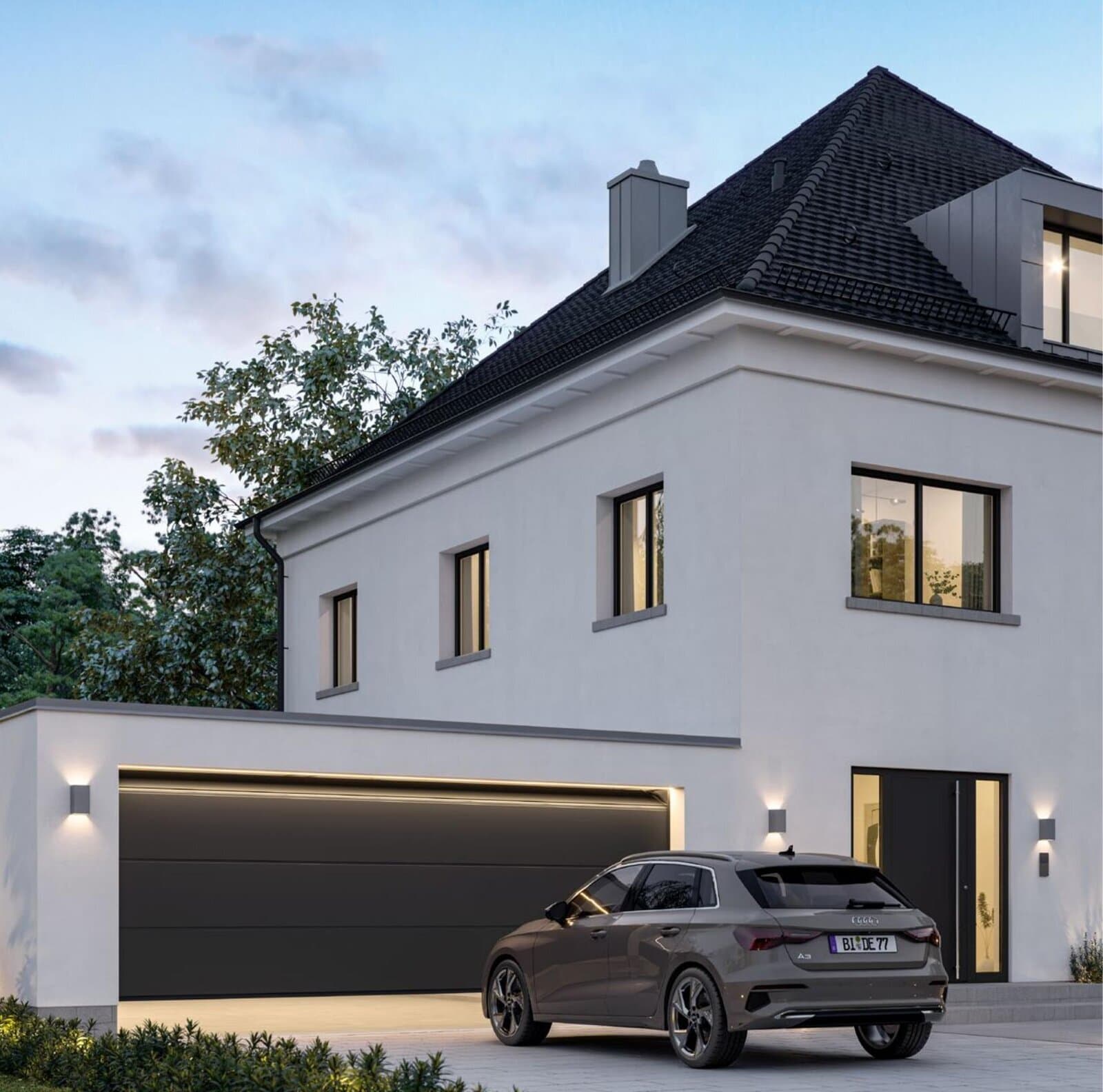 Maison moderne avec porte de garage Hörmann installée par Portali en Alsace